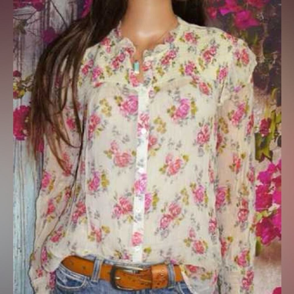 Sundance Amelia Floral Sheer Buttondown Ruffle Blouse Cottagecore sz PS NWOT